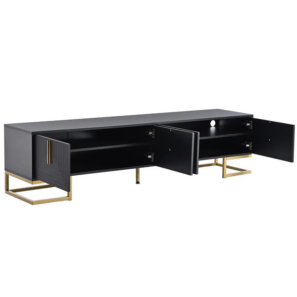 Modern TV Stand with Metal Legs and Gold Handles for TVs Up to 80'', Media Console Table with Cabinets and Adjustable Shelves, Luxury TV Cabinet with Geometric Lines for Living Room, Black