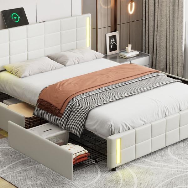 Queen Size Upholstered Platform Bed with LED Lights and USB Charging, Storage Bed with 4 Drawers, White