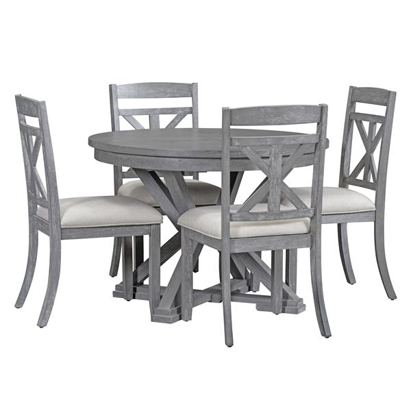 5-Piece Retro Functional Dining Table Set Extendable Round Table and 4 Upholstered Chairs for Dining Room and Living Room (Grey)