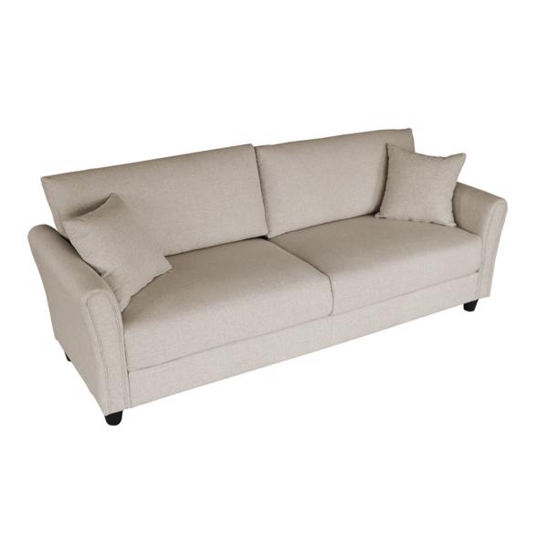 Off White Linen, Three-person Indoor Sofa, Two Throw Pillows, Solid Wood Frame, Plastic Feet