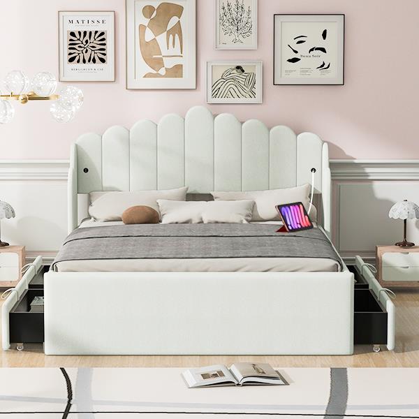 Full Size Upholstered Platform Bed with 4 Drawers and 2 USB, Beige