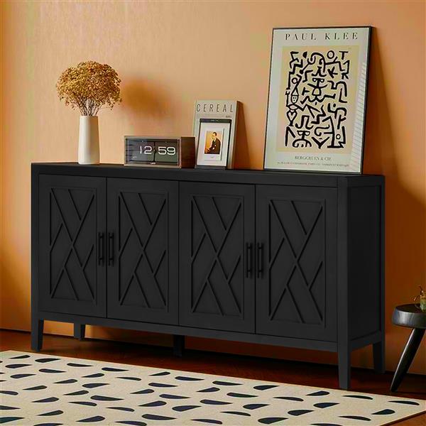 Four Door Wooden Twill Sideboard American Country Vintage Old Living Room Dining Room Hallway Entryway Cabinet (BLACK)