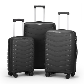 FCH V-striped 3-in-1 PP trolley case 20in 24in 28in PP iron trolley classic color - black (grained pattern)