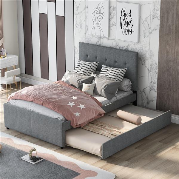 Linen Upholstered Platform Bed With Headboard and Trundle, Full