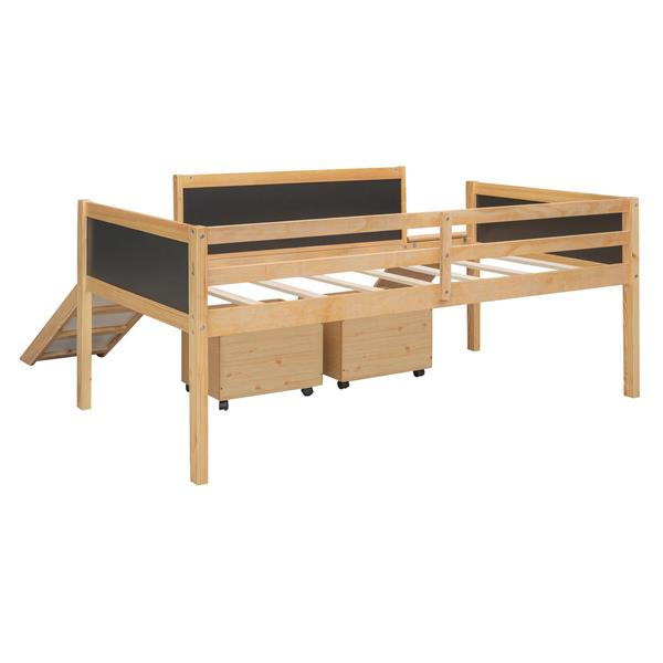 Twin size Loft Bed Wood Bed with Two Storage Boxes - Natrual