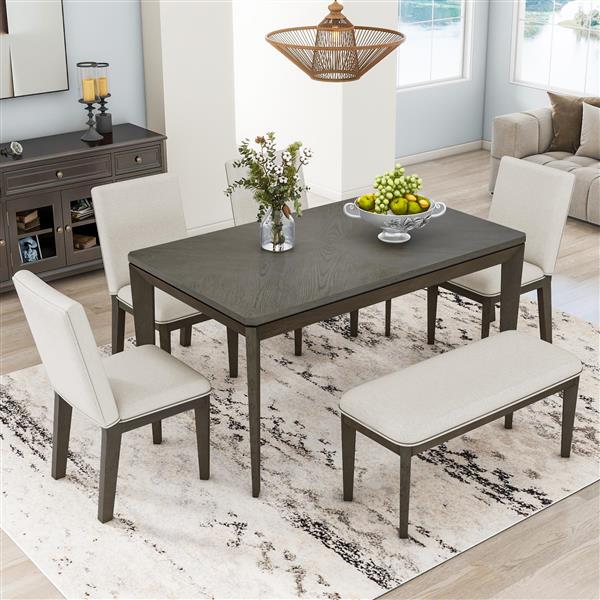 6-Piece Dining Table Set with Upholstered Dining Chairs and Bench,Farmhouse Style, Tapered Legs, Dark Gray+Beige