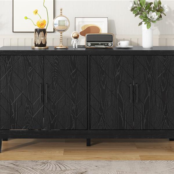 4-door Retro Sideboard with Adjustable Shelves, Two Large Cabinet with Long Handle, for Living Room and Dining Room (Black)