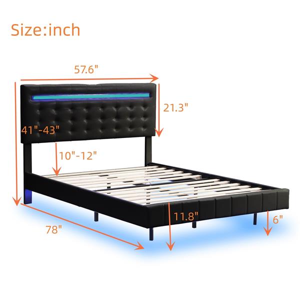 Full Size Floating Bed Frame with LED Lights and USB Charging,Modern Upholstered Platform LED Bed Frame,Black(Full)