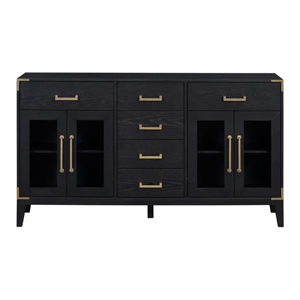 6-drawer and 2-Cabinet Retro Sideboard with Extra Large Storage Space, with ld Handles and Solid Wood Legs, for Kitchen and Living Room (Black)