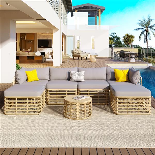 7 Pieces Outdoor Patio Furniture, All-Weather Rattan Sectional Sofa Set with Thick Cushions and Pillows, Freely Combined Conversation Sets for Garden, Backyard, Balcony, Gray