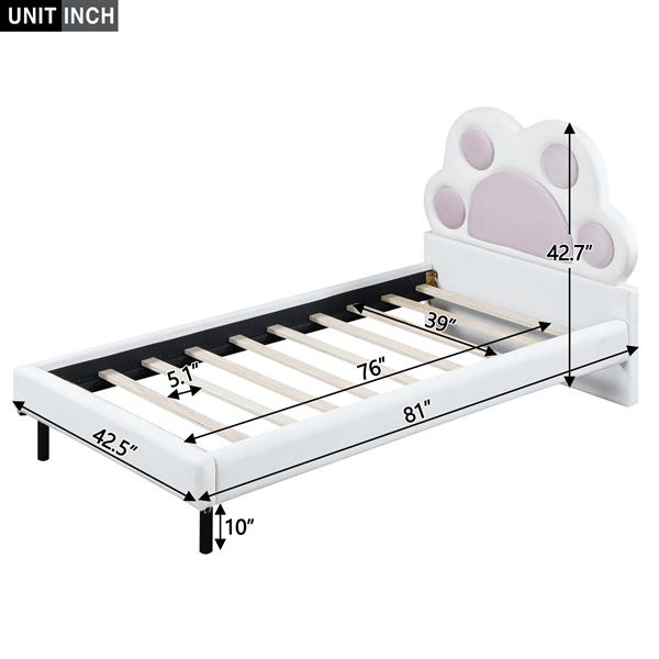 Twin Size Upholstered Platform Bed with Animal Paw Shaped Headboard and LED, Pink