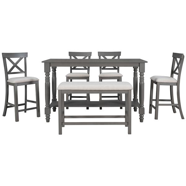 6-Piece Counter Height Dining Table Set Table with Shelf 4 Chairs and Bench for Dining Room (Gray)