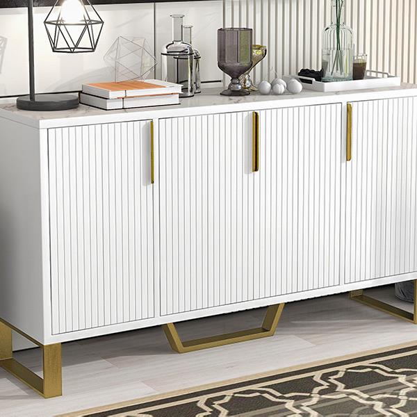 Modern sideboard with Four Doors, Metal handles & Legs and Adjustable Shelves Kitchen Cabinet (White)