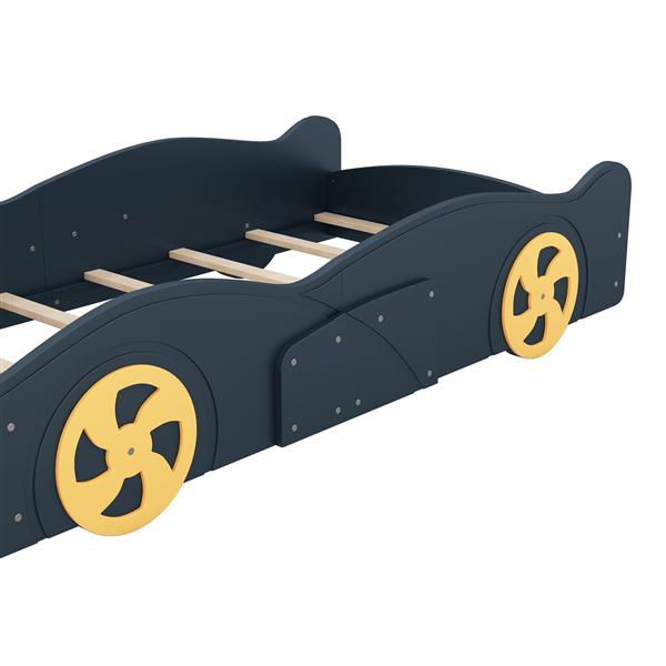 Twin Size Race Car-Shaped Platform Bed with Wheels and Storage, Dark Blue+Yellow