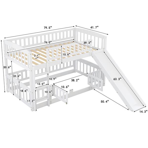 Bunk Bed with Slide,Twin Over Twin Low Bunk Bed with Fence and Ladder for Toddler Kids Teens White