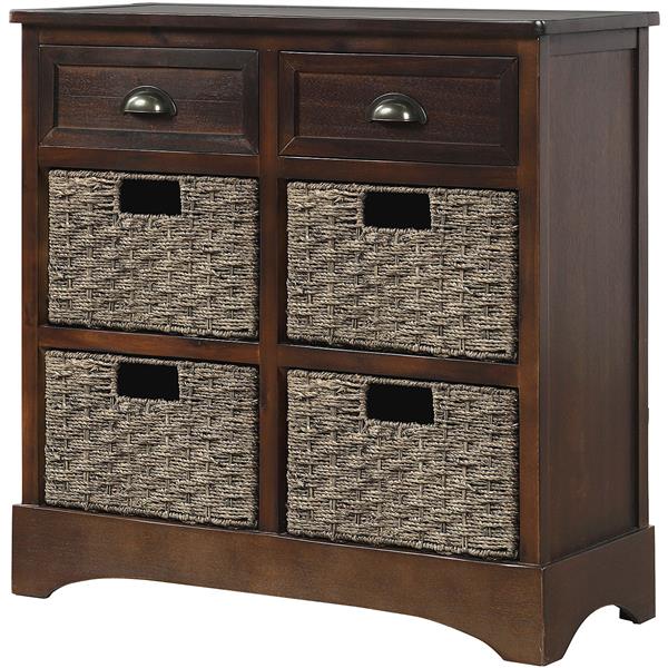 Rustic Storage Cabinet with Two Drawers and Four Classic Rattan Basket for Dining Room/Living Room (Espresso)