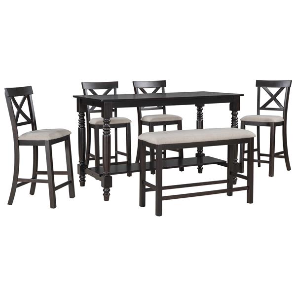 6-Piece Counter Height Dining Table Set Table with Shelf 4 Chairs and Bench for Dining Room (Espresso)