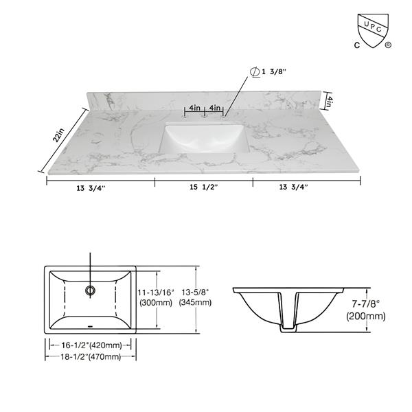 43x22 bathroom stone vanity top  engineered stone carrara white marble color with rectangle undermount ceramic sink and  3 faucet hole with back splash .