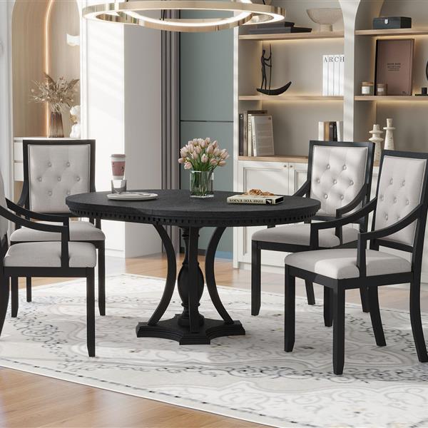 Retro 5-piece Dining Set Extendable Round Table and 4 Chairs for Kitchen Dining Room (BLACK OAK)