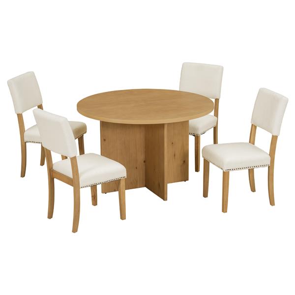 Modern 5-Piece Round Dining Table Set Pedestal Kitchen Table Set with 4 Upholstered Dining Chairs for Studio, Apartment, Small Places, Natural