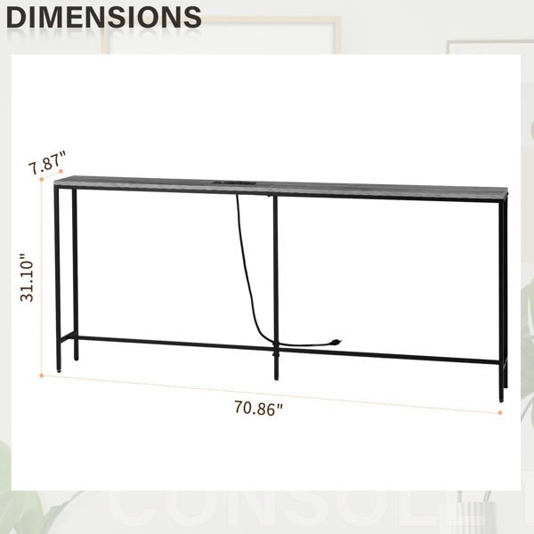 70.9 inch Narrow Long Console Table with 2 Power Outlets & USB Ports, Narrow Entryway Table Sofa Table Behind Couch for Living Room, Rustic Gray