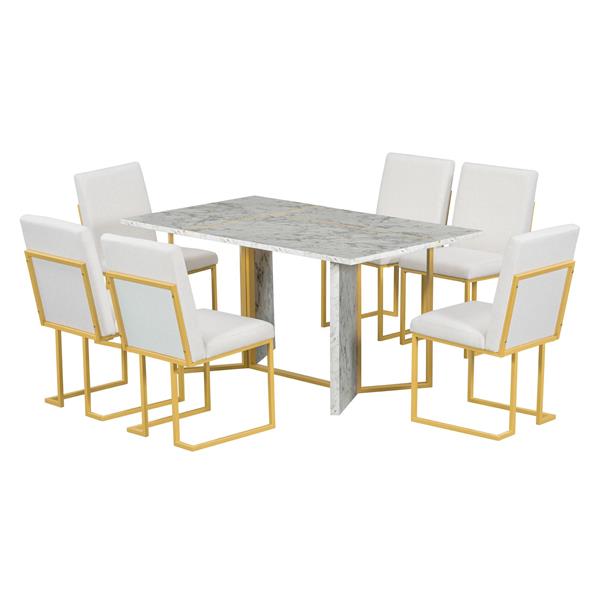 7-Piece Modern Dining Table Set, Artificial Marble Sticker Tabletop and 6 Upholstered Linen Chair All with lden Steel Legs for Dining Room and Kitchen (White + ld)