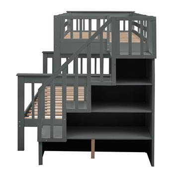 Stairway Twin-Over-Full Bunk Bed with Storage and Guard Rail for Bedroom, Gray color