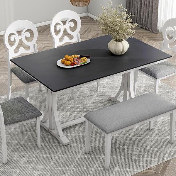 Mid-Century 6-Piece Trestle Table Set with Victorian Round Upholstered Dining Chairs and Long Bench, Gray+Antique White