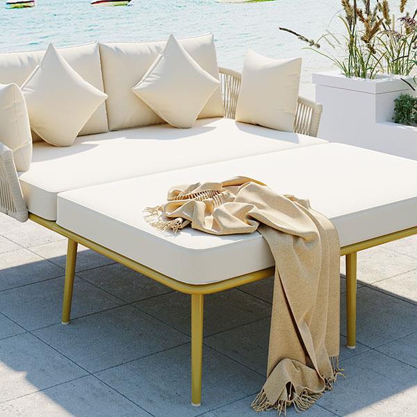 Outdoor Patio Daybed, Woven Nylon Rope Backrest with Washable Cushions for Balcony, Poolside, Set for 2 Person, Beige