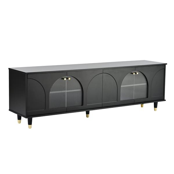 Contemporary TV Stand with Adjustable Shelves for TVs Up to 78'', Stylish Media Console with Gold Handles and Arch Fluted Glass Doors, Delicate Entertainment Center for Living Room, Black