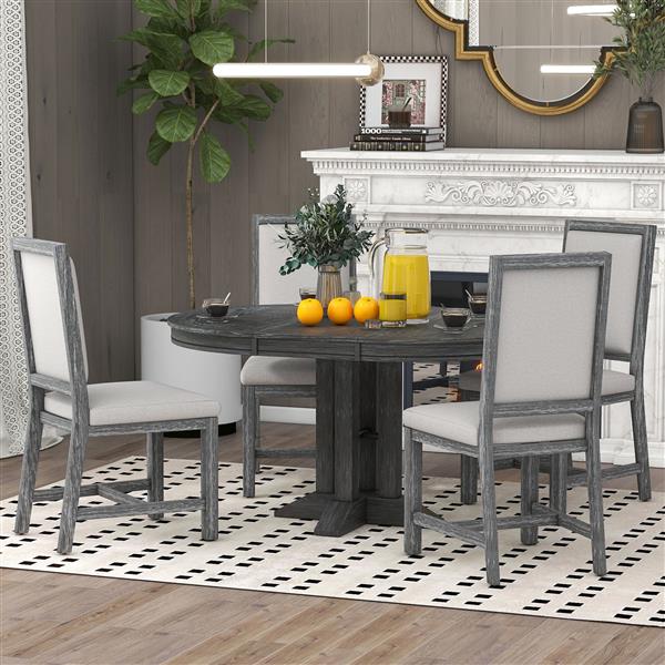 5-Piece Dining Set Extendable Round Table and 4 Upholstered Chairs Farmhouse Dining Set for Kitchen, Dining Room(Black)