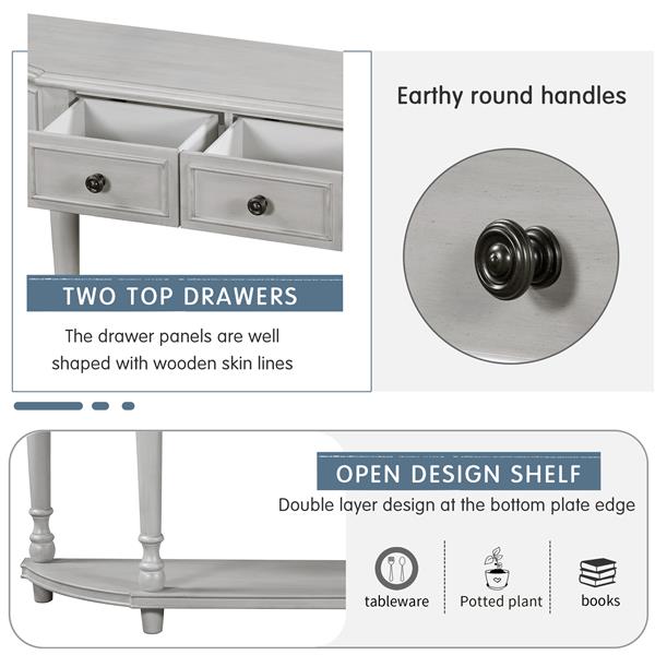 Retro Circular Curved Design Console Table with Open Style Shelf Solid Wooden Frame and Legs Two Top Drawers