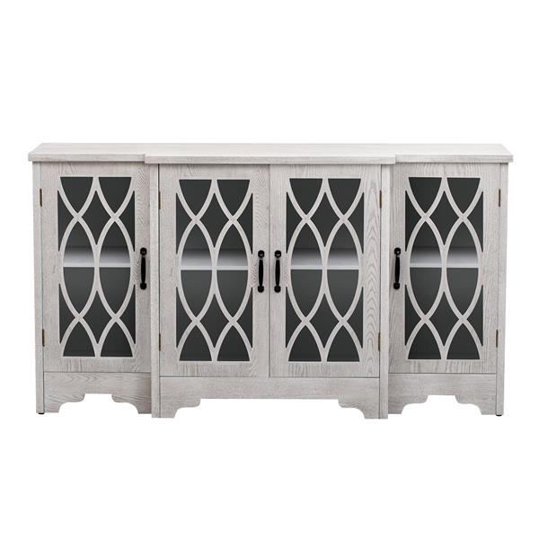 Retro Sideboard Glass Door with Curved Line Design Ample Storage Cabinet with Black Handle and Three Adjustable Shelves for Dining Room and Kitchen (Antique White)