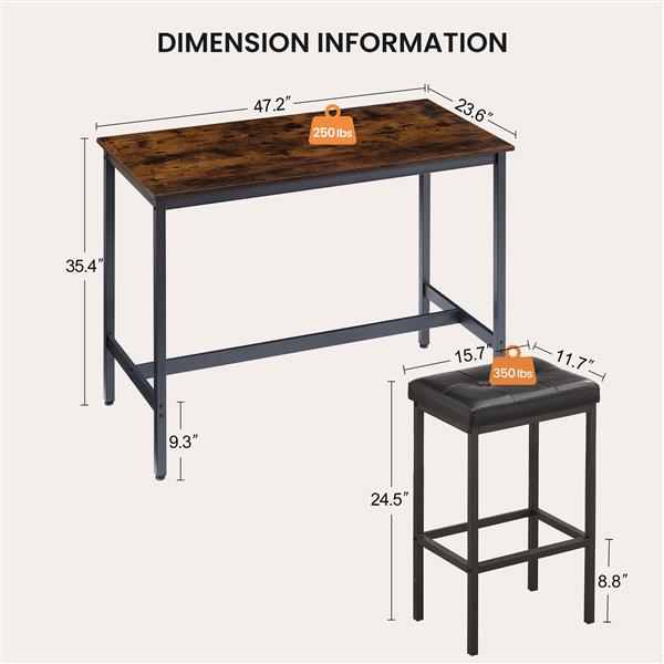 Pub High Dining Table 5 Piece Set, Industrial Style Pub Table, 4 PU Leather Bar Chairs for Kitchen Breakfast Table, Living Room, Bar, Rustic Brown, 47.2″L x 23.6 "W x 35.4 "H