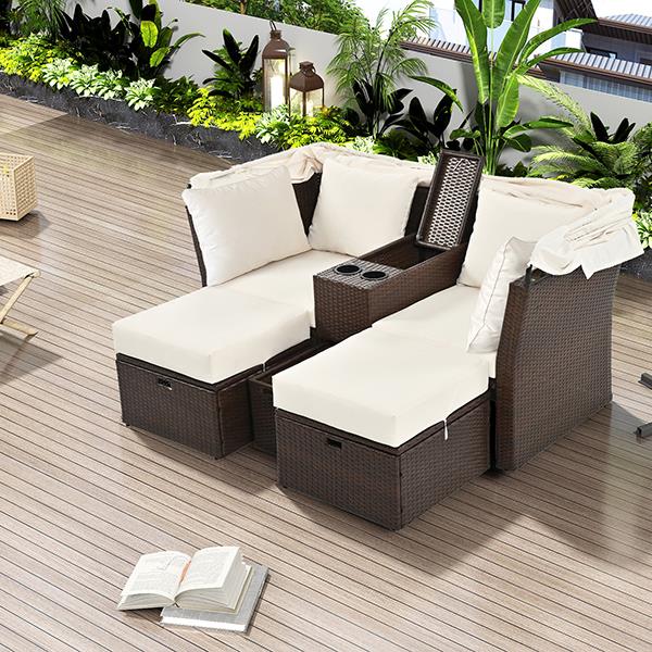 2-Seater Outdoor Patio Daybed Outdoor Double Daybed Outdoor Loveseat Sofa Set with Foldable Awning and Cushions for Garden, Balcony, Poolside, Beige