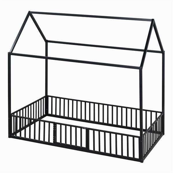 Twin Size Metal House Bed with Fence and Door, Black