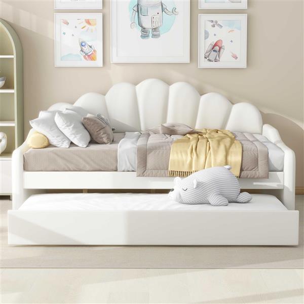 Full Size Upholstery Daybed Frame with Shall Shaped Backrest  and Trundle,White