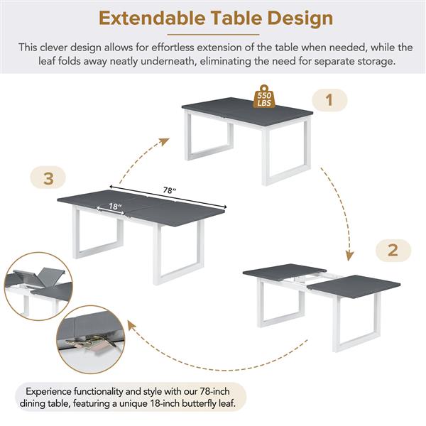 Modern 78inch 6-Piece Extendable Dining Table Set, 4 Upholstered Dining Chairs and Dining Bench, 18" Butterfly Leaf, White