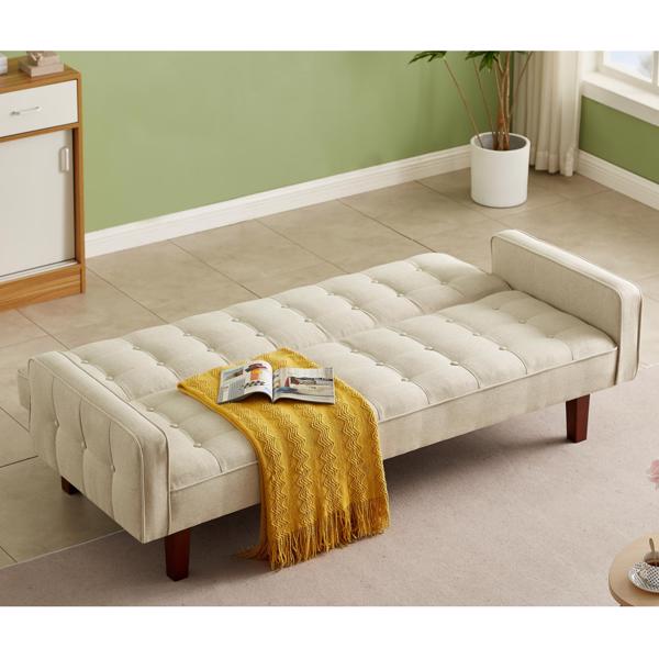 Beige, Linen Futon Sofa Bed 73.62 Inch Fabric Upholstered Convertible Sofa Bed, Minimalist Style for Living Room, Bedroom.