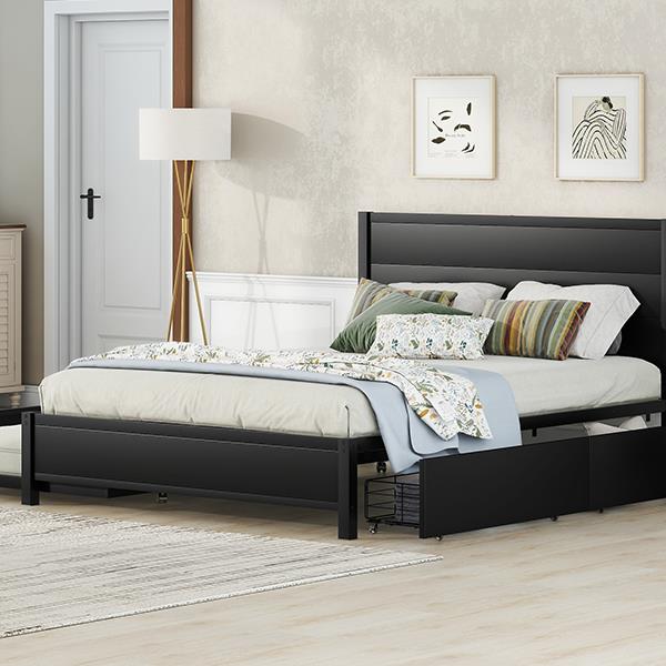 Metal Queen Size Storage Platform Bed with Twin Size Trundle and 2 Drawers, Black