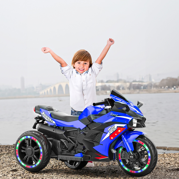 Electric Motorcycle for Kids, 12V Battery Powered Ride on Toys 3 Wheels Motorcycle with LED Lights, Bluetooth Music, Blue (No shipping on weekends) (Temu, Walmart Amazon prohibited)