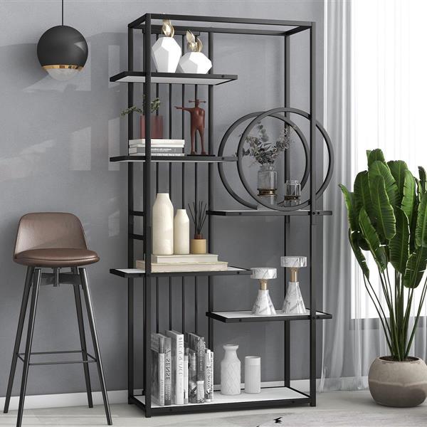 6 Tiers Home Office Bookcase Open Bookshelf with Black Metal Frame Storage Large Bookshelf Furniture, White