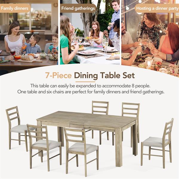 7-Piece Wooden Dining Table Set Mutifunctional Extendable Table with 12" Leaf and 2 Drawers, 6 Dining Chairs with Soft Cushion (Natural Wood Wash)