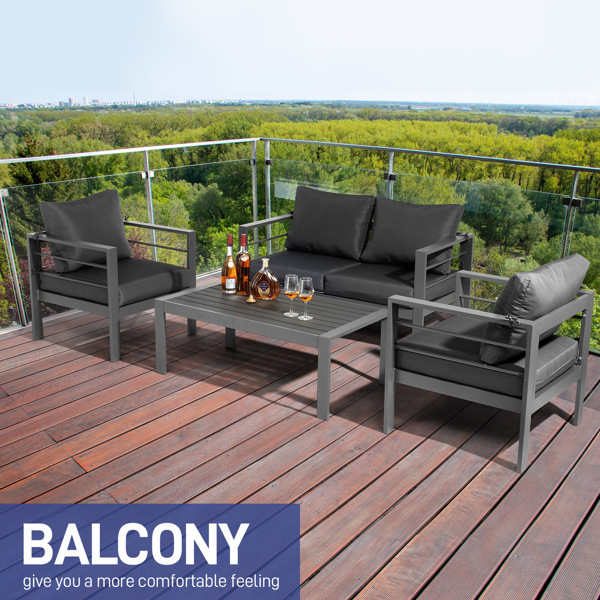 Aluminum Patio Furniture Set, 4 Pieces Modern Outdoor Conversation Set Sectional Sofa with Cushion and Coffee Table for Balcony Garden, Dark Grey