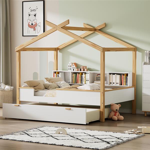 White Full Size Wooden House Bed with Original Wood Colored Frame Twin Size Trundle and Bookshelf Storage Space for Children or Guest Room