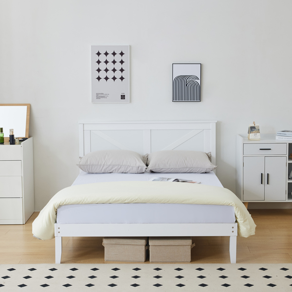 Queen Size Solid Wood Platform Bed Frame with Headboard White