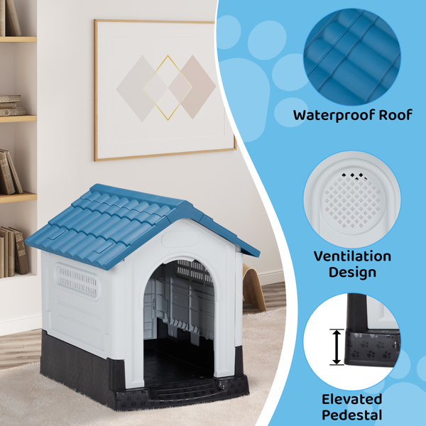 26 inch Plastic Dog House, Indoor Outdoor Doghouse Pet House with Air Vents and Elevated Floor, Insulated Water Resistant Puppy Shelter Kennel for Small Dogs, Blue & White