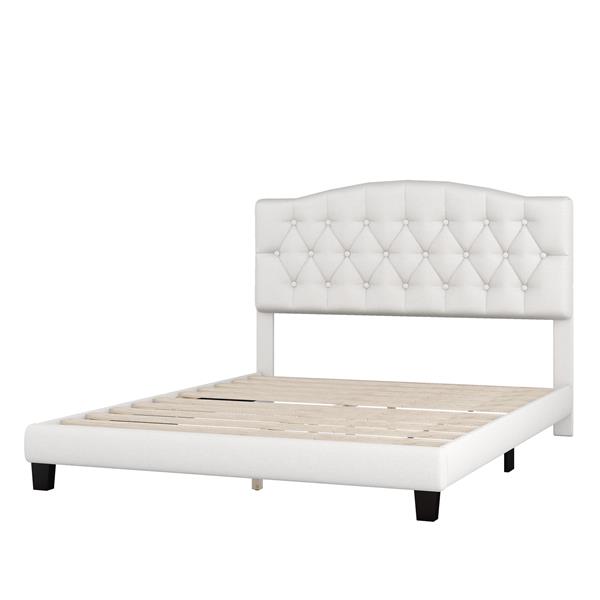 Upholstered Platform Bed with Saddle Curved Headboard and Diamond Tufted Details, Queen, Beige