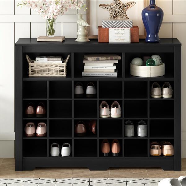 Sleek Design 24 Shoe Cubby Console, Modern Shoe Cabinet with Curved Base, Versatile Sideboard with High-quality for Hallway, Bedroom, Living Room, Black