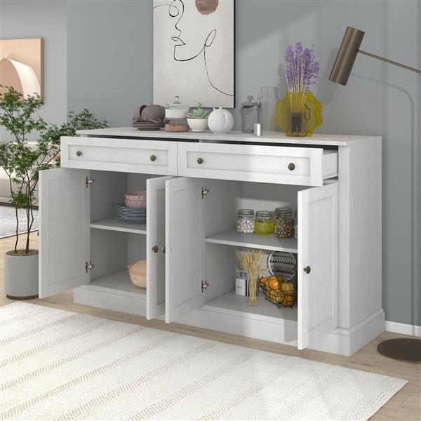 Kitchen Sideboard Storage Buffet Cabinet with 2 Drawers & 4 Doors Adjustable Shelves for Dining Room, Living Room (Antique White)